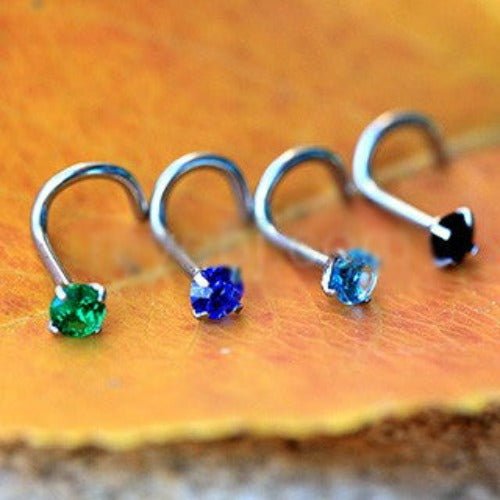 316L Surgical Steel Screw Nose Ring with Prong Set Gem