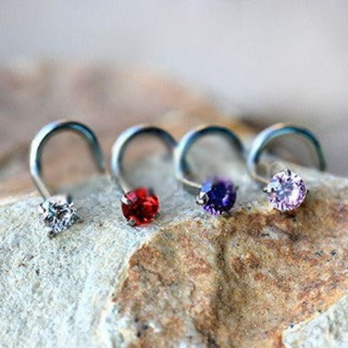 316L Surgical Steel Screw Nose Ring with Prong Set Gem