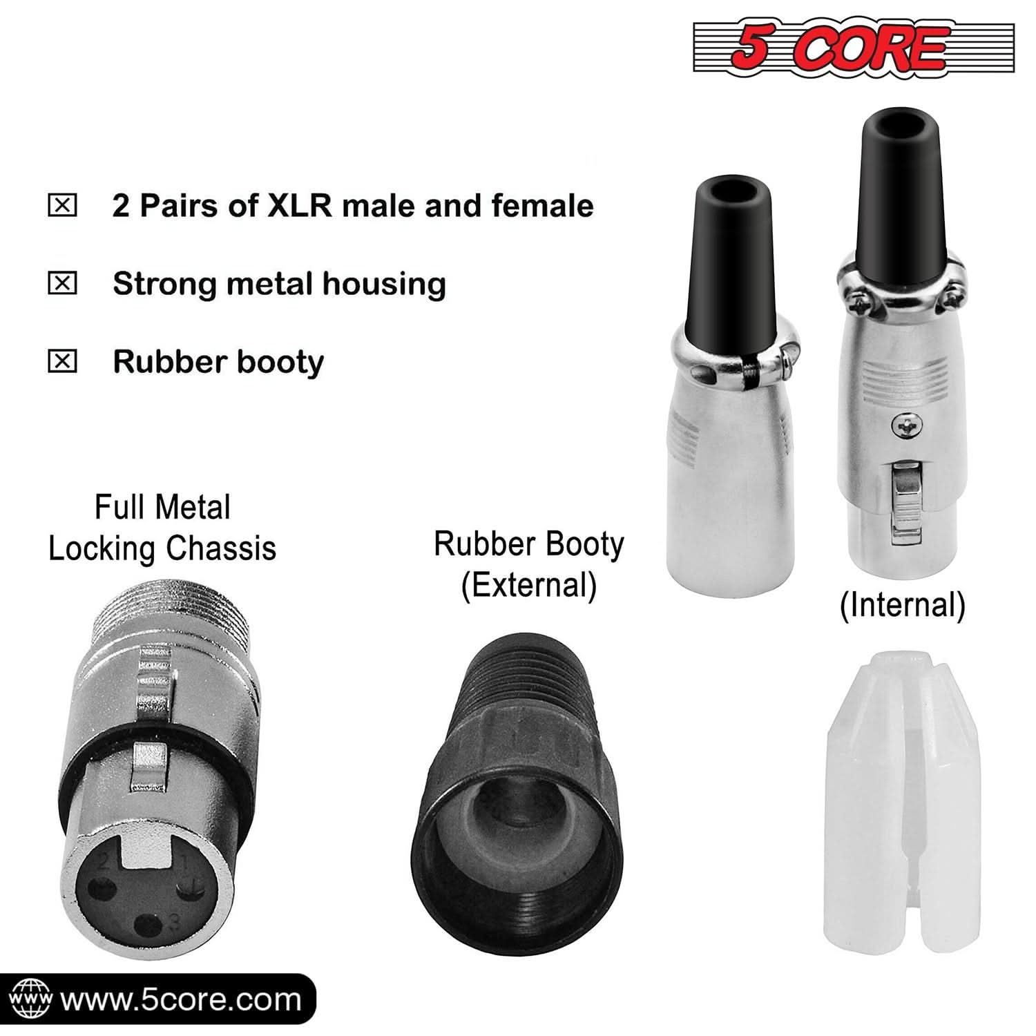 5Core XLR Connector Male Female to 1/4 Audio Jack 3 Pin Secure Mic Plug w Locking Ends 5 PAIR