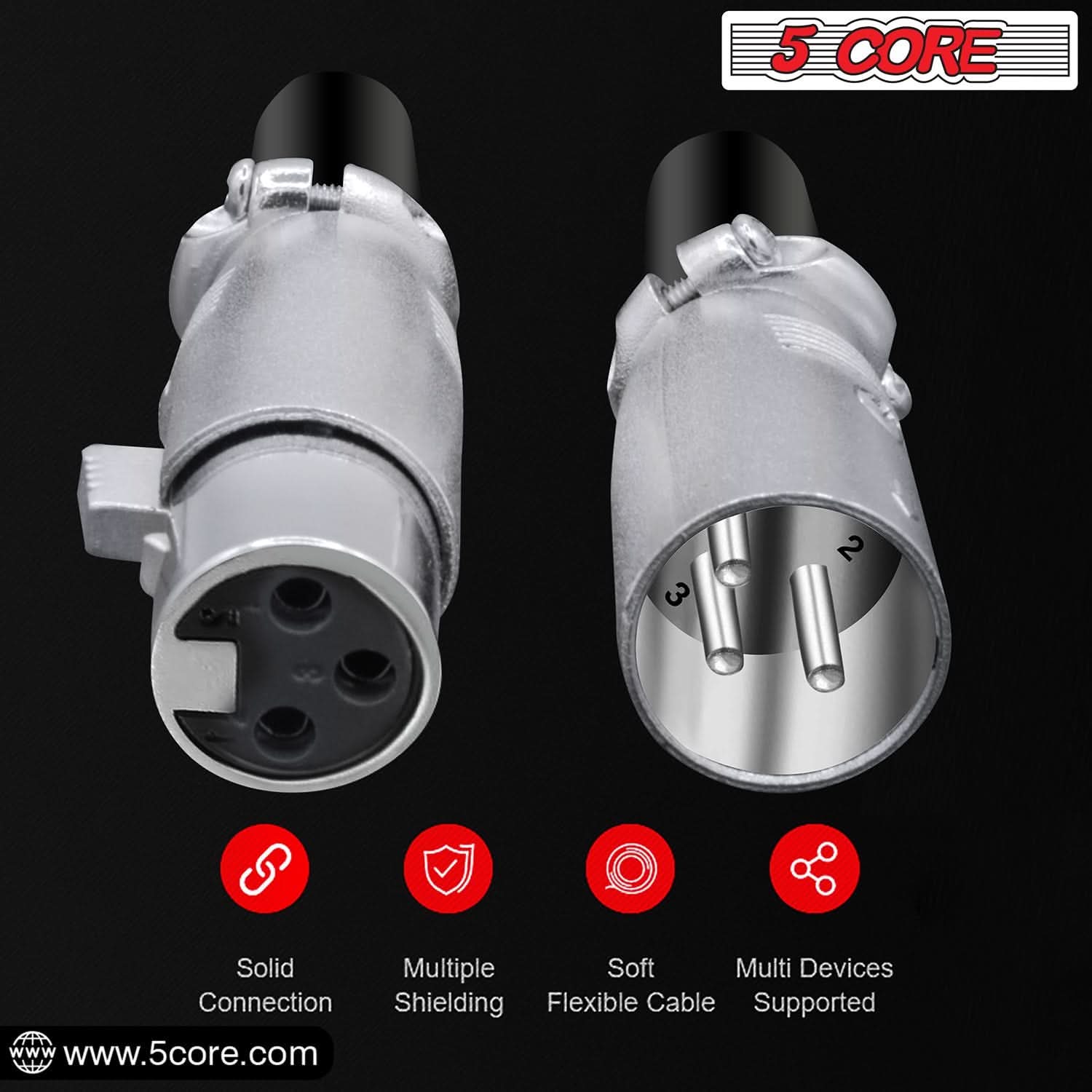 5Core XLR Connector Male Female to 1/4 Audio Jack 3 Pin Secure Mic Plug w Locking Ends 5 PAIR